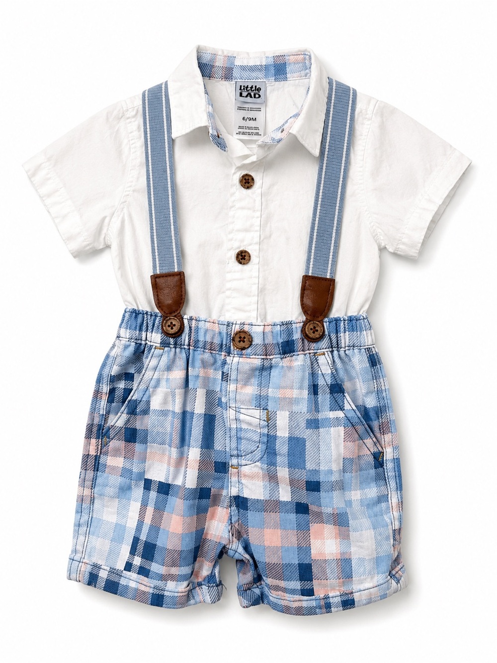 Little Me Blue and Cream Plaid Suspender Shorts Set
